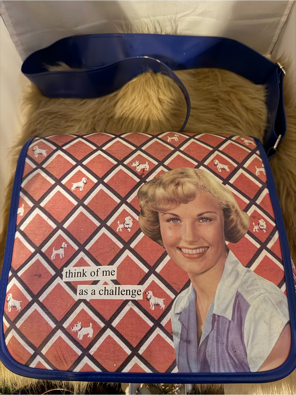 Retro Graphic Crossbody Bag by Anne Taintor “think of me as a challenge”